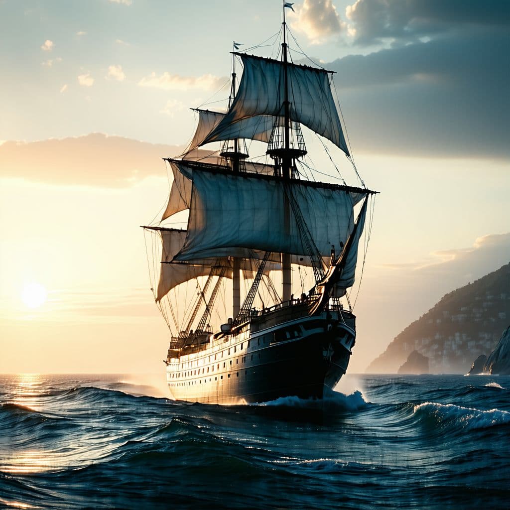 AI generated: Photo of a ultra realistic sailing ship, dramatic light, pale sunrise, cinematic lighting, battered,...