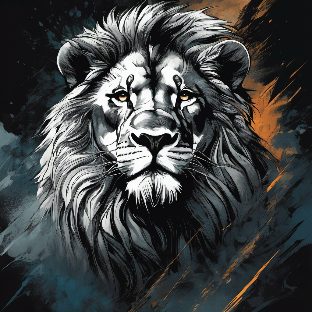 AI generated: an illustration of a lion's head, simple, dark color palette, elegant, calm, majestic, dark tones, d...