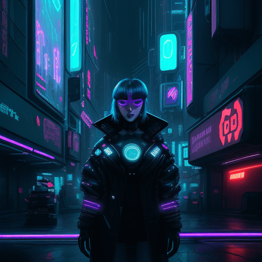 AI generated: A mesmerizing depiction of a futuristic cityscape with vivid neon light signs. The city boasts a Bla...