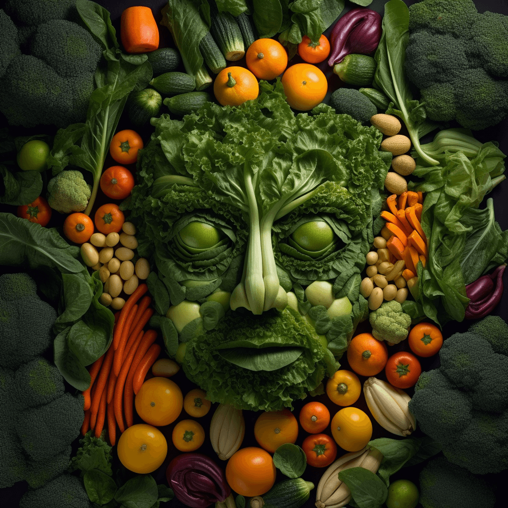 AI generated: A face made of vegetables looks into the frame
