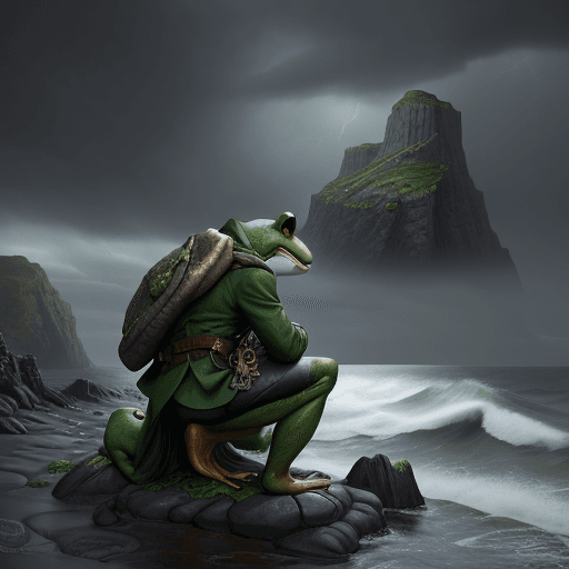 AI generated: A digital artwork of a frog wearing Irish clothes, kneeling on the planet's surface with rocks under...