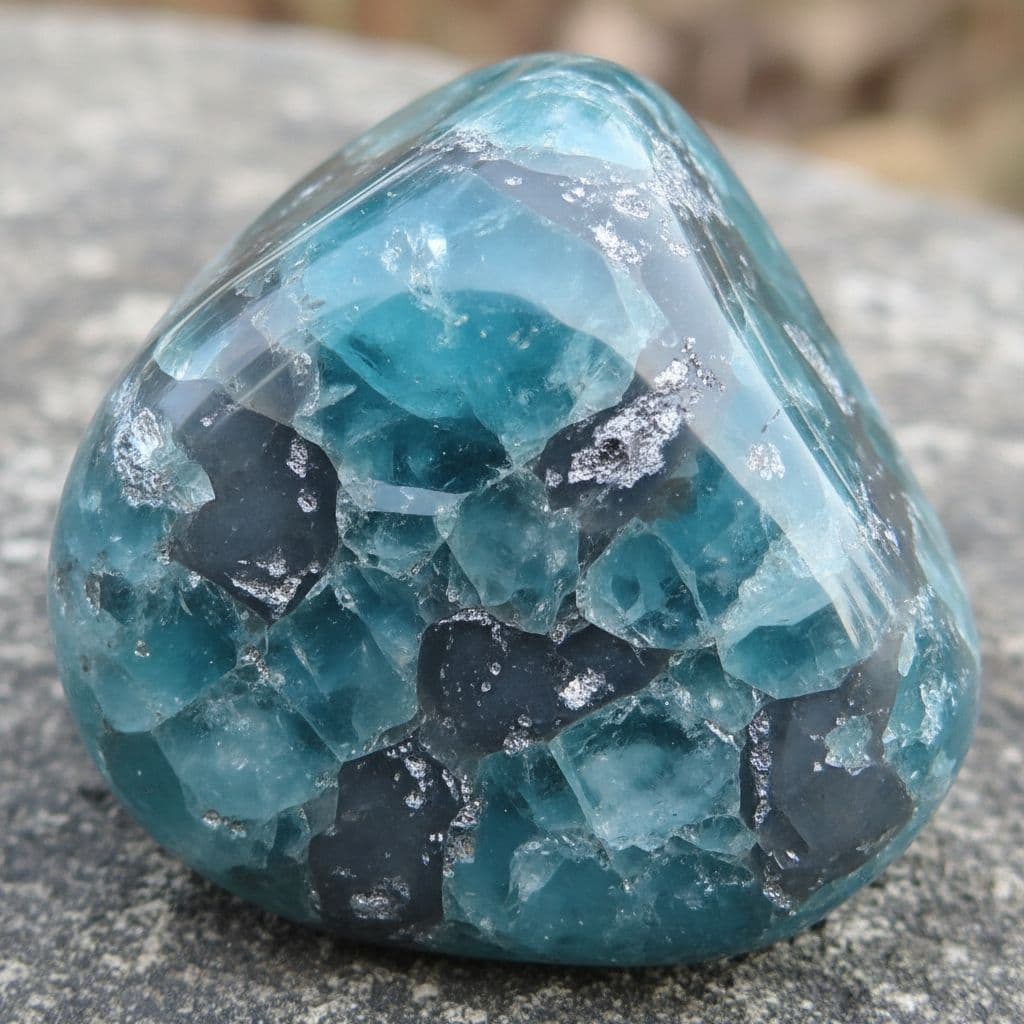 AI generated: smoothed Teal crystal mixed with grey crystal and silver flakes sparsely running throughout it 