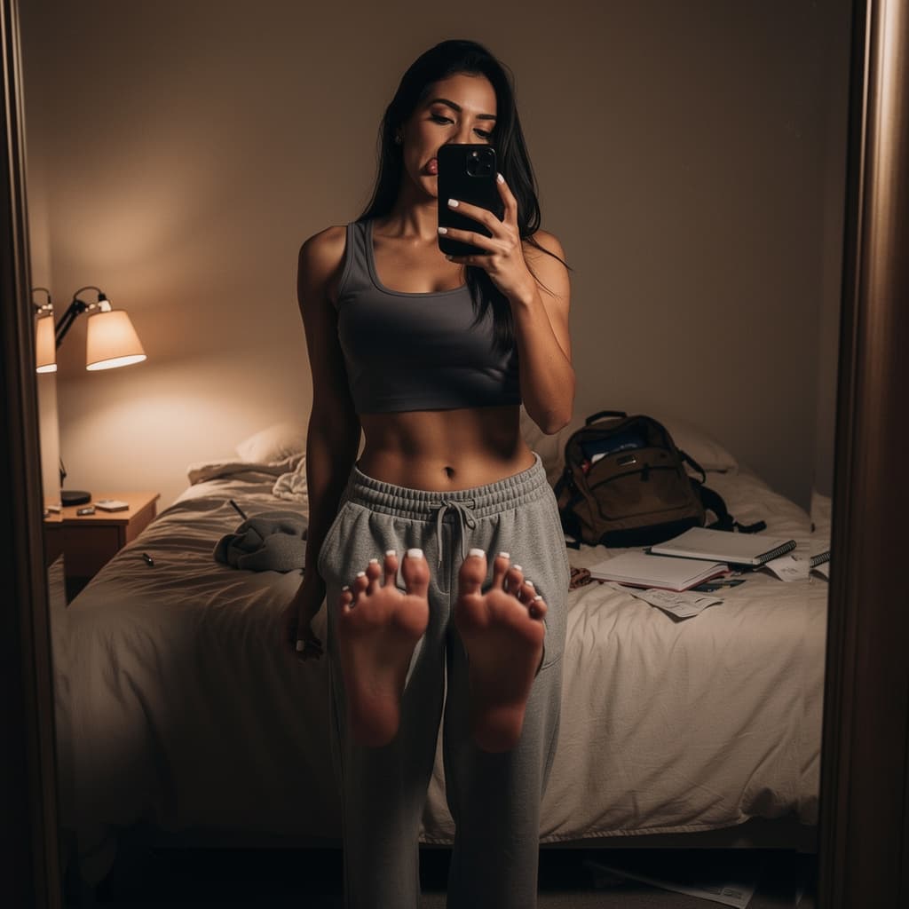 AI generated: Beautiful Latina woman taking a selfie in her bedroom mirror, she is showing her feet by lifting the...