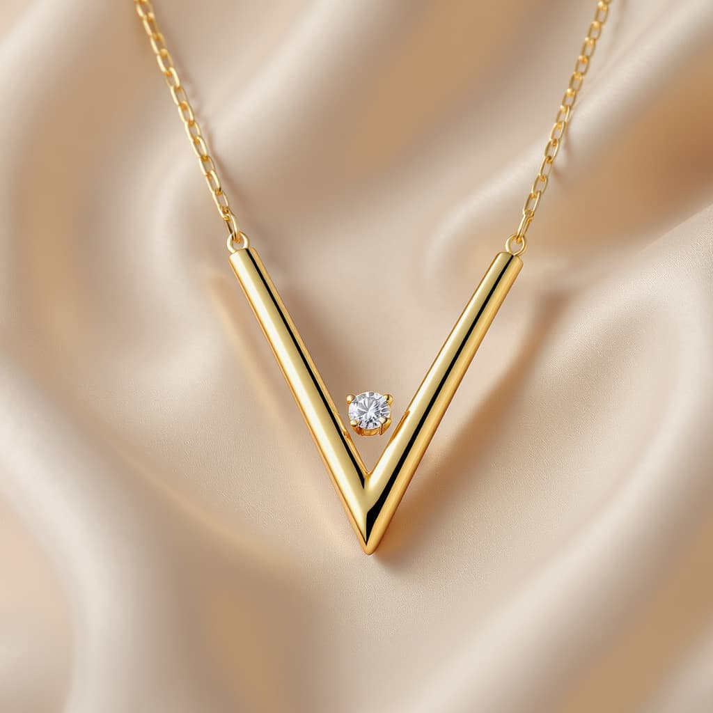 AI generated: Modern Italian luxury V-shape necklace in 18K yellow gold inspired by minimal high jewelry aesthetic...