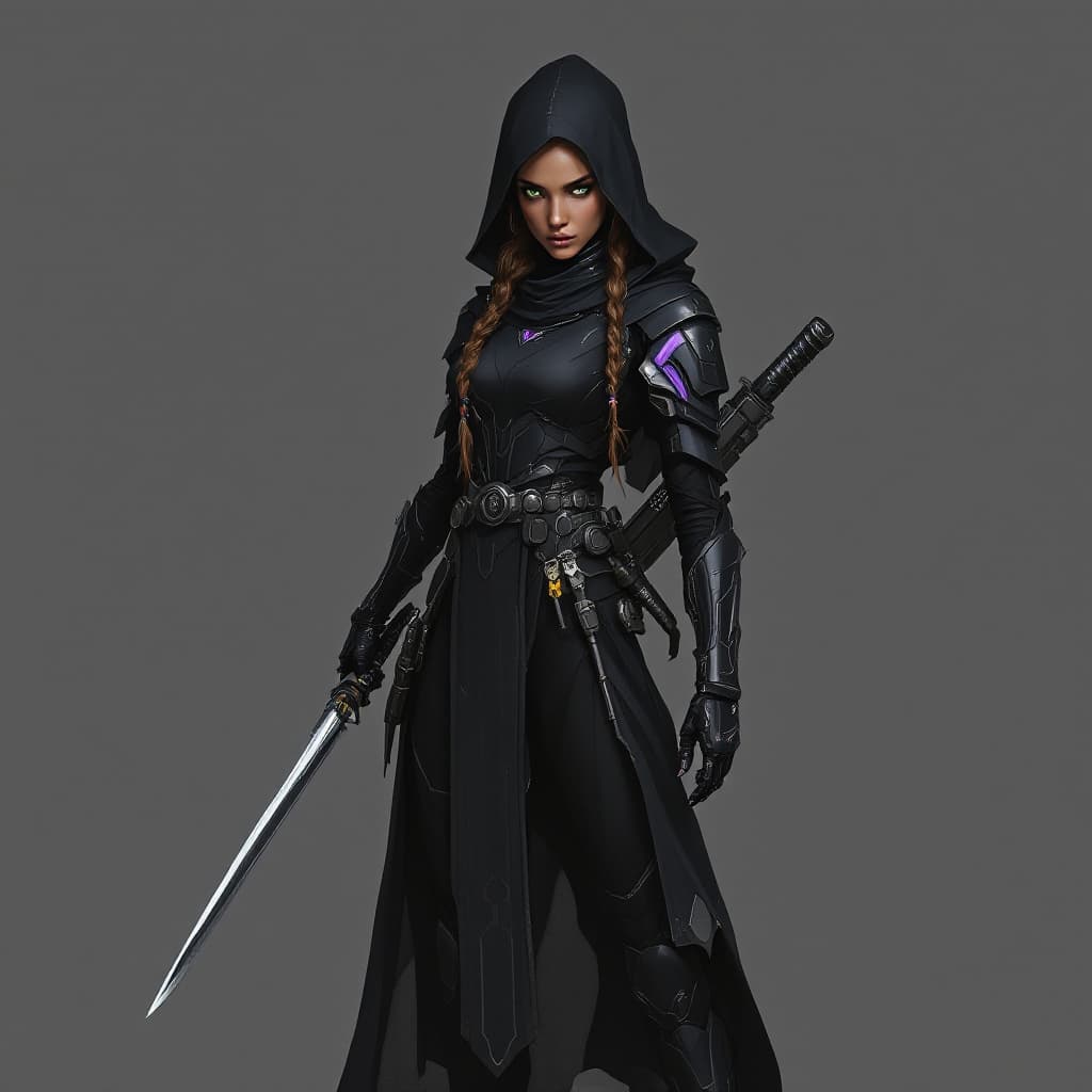 AI generated: Image of a human female galactic combat operator, her combat armor is light weighted, black with lin...