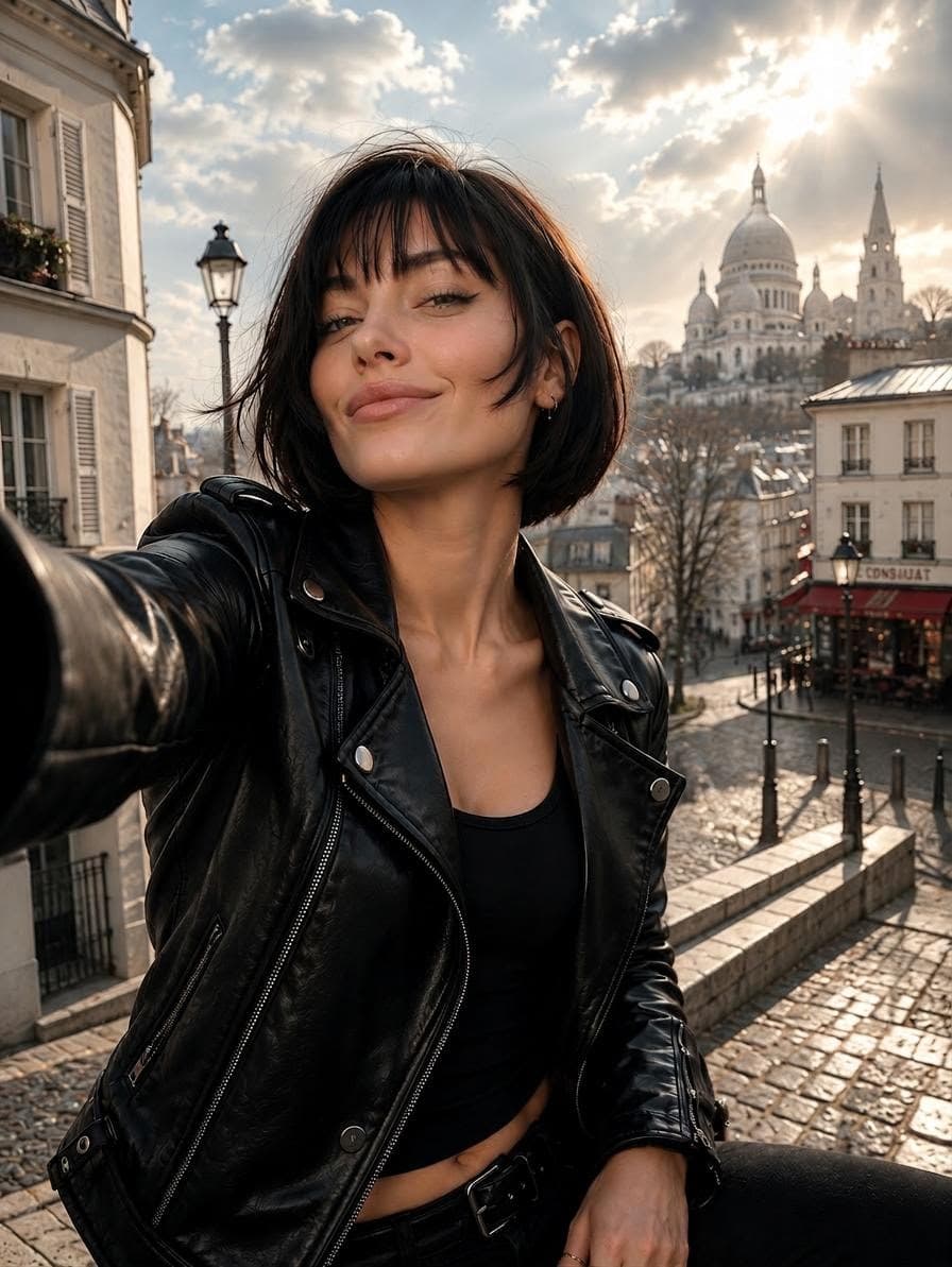 AI generated: Ultra-realistic selfie photo of a stylish European woman in Montmartre, Paris. She has fair skin, wa...