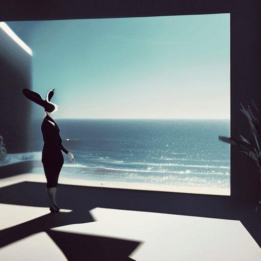AI generated: overlooking the ocean, daylight, indirect lighting, AD magazine, bunny ears, black clothes