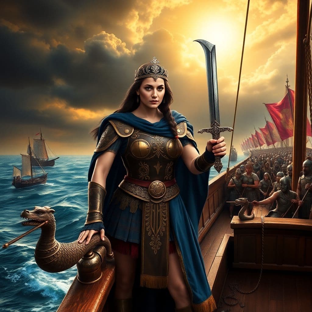 AI generated: Prompt: A powerful and determined Queen Teuta of Illyria stands at the prow of her warship, sailing ...