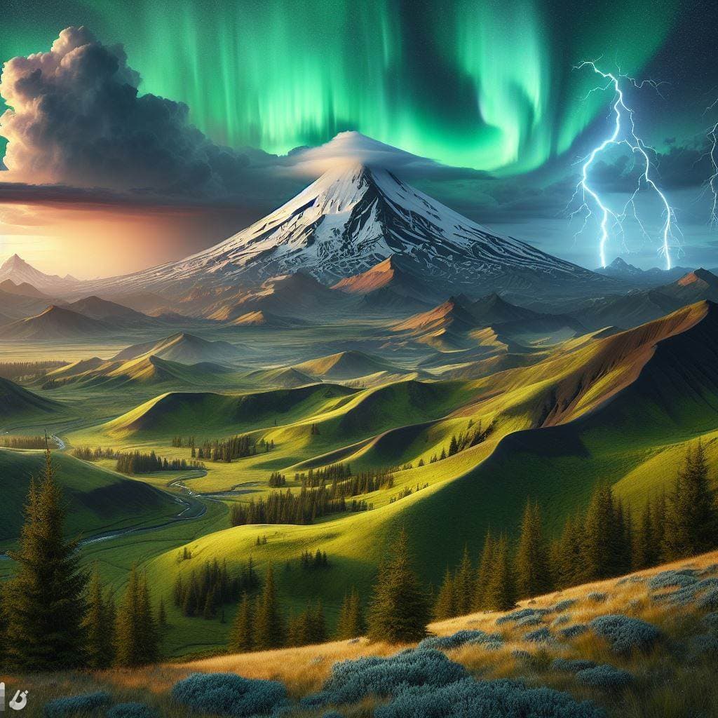 AI generated: Rolling hills, lightning, storm clouds, snow capped volcano, aurora borealis