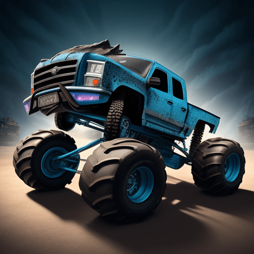 AI generated: Megalodon Monster truck with four wheels standing on a blue box that says "Megalodon," realistic sty...