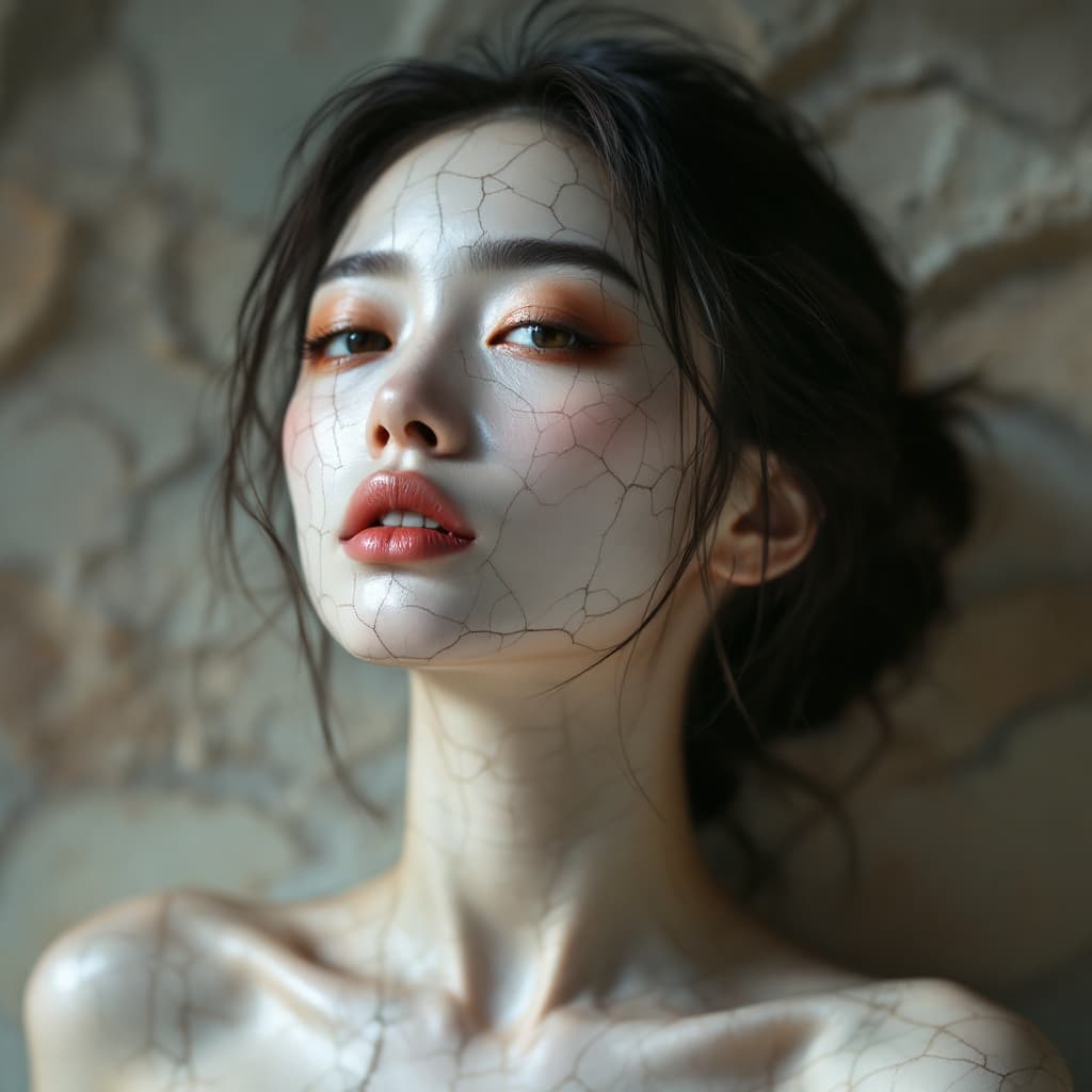 AI generated: beautiful japanese womans body cracked like  damaged porcelian, 