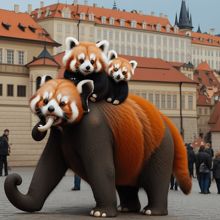 AI generated: Red panda on elephant in front of Prague Castle