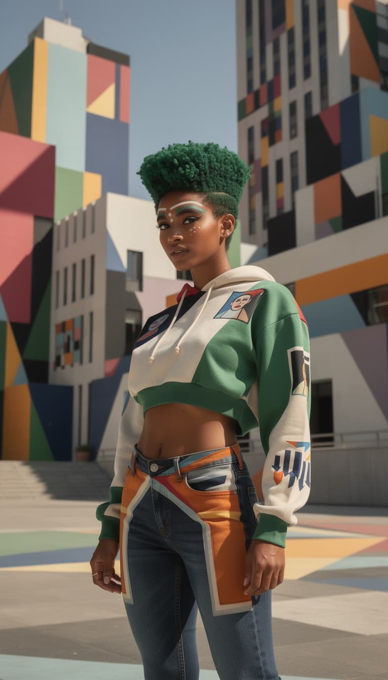 AI generated: modernist, Constructivist Fashion full body photo of a 24-year-old Anuak-Sinhalese female boho chic ...