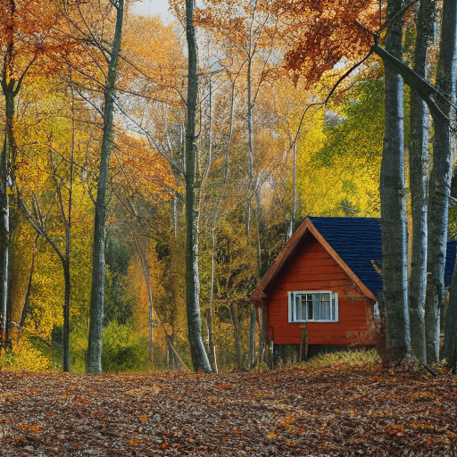 AI generated: realistic photo, autumn sunny weather, wooden house, orange leaves, house in the forest, view throug...