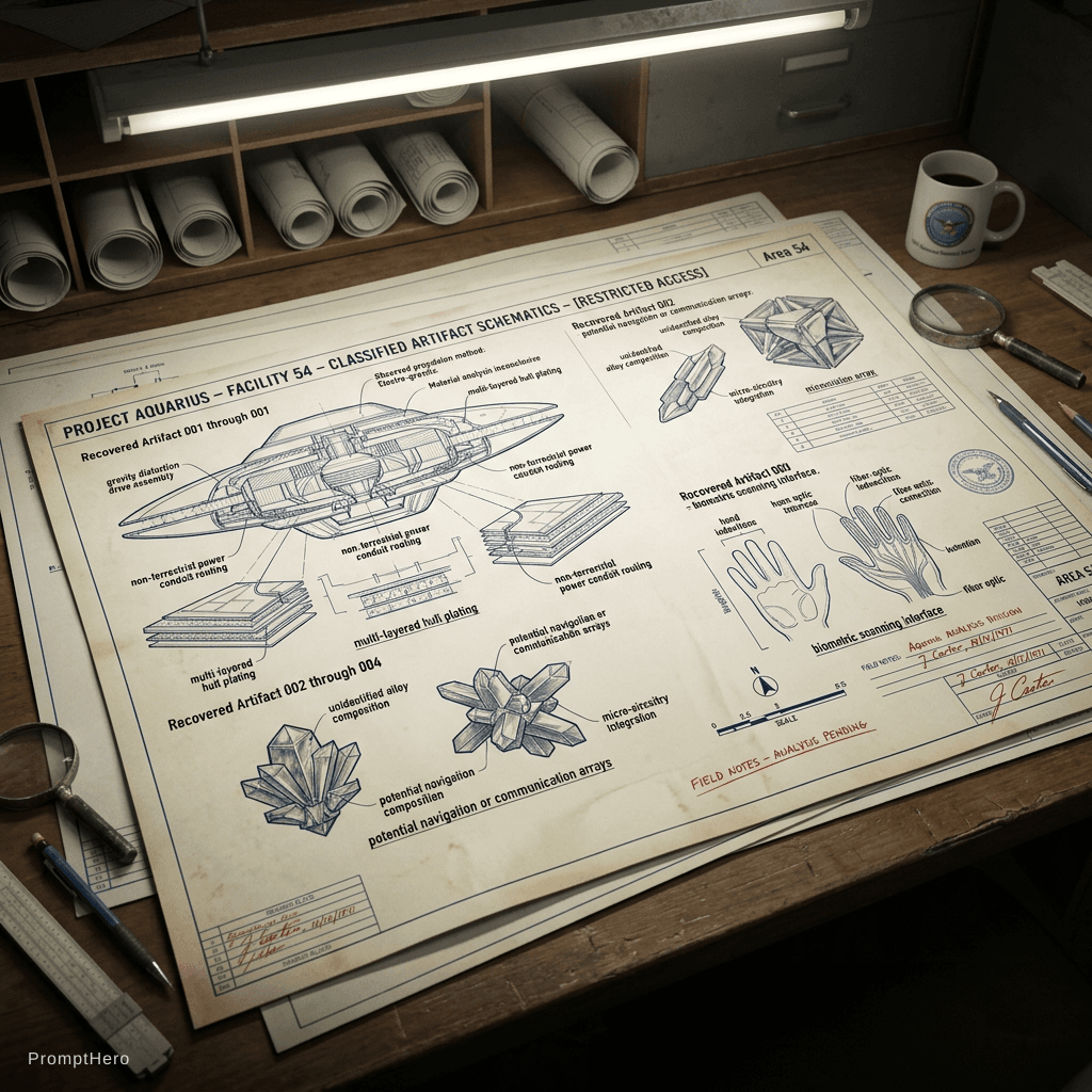 AI generated: Project Aquarius at Area 54 blueprints of the objects found there. High detail, photo realistic. 