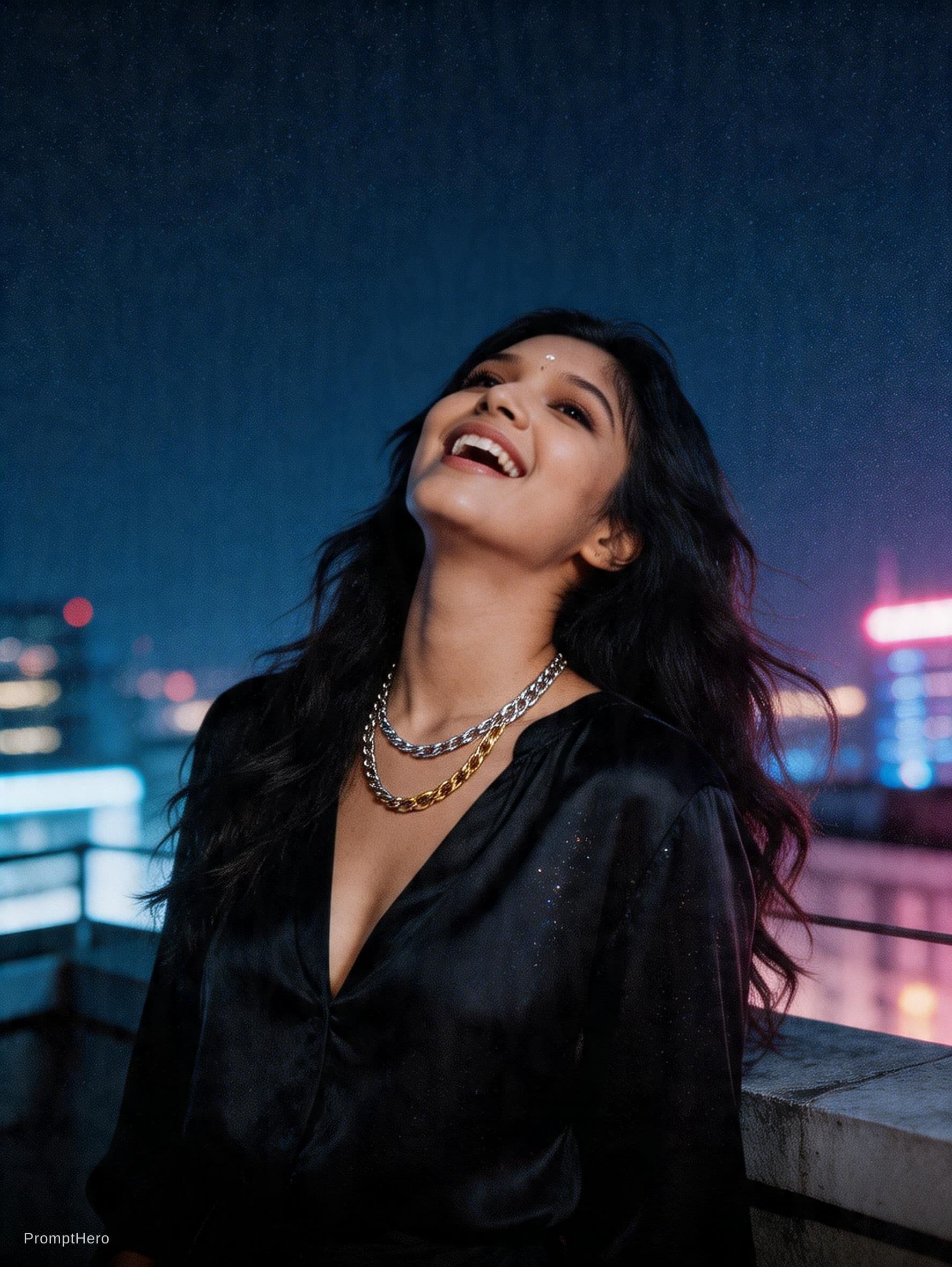 AI generated: A grainy, high-ISO rooftop documentary scene captures a tall, statuesque woman with long, dark, wind...