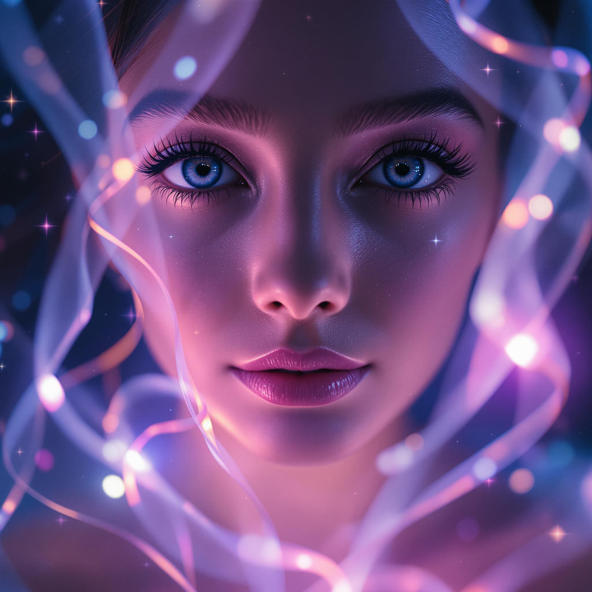 AI generated: Close-up of a serene, expressive woman’s face looking directly into the camera with dreamy eyes, sur...