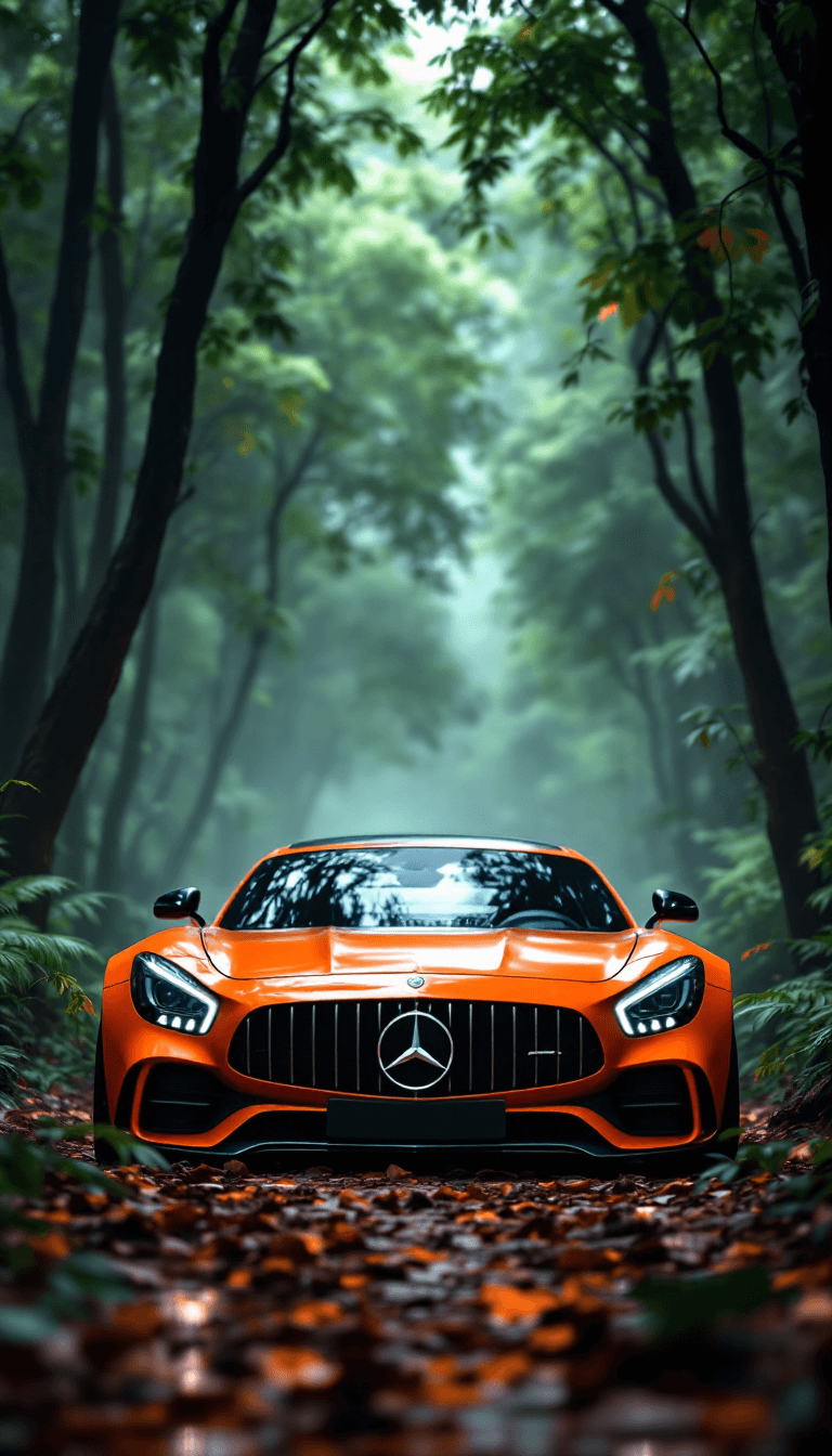 AI generated: High automotive symmetrical close-up portrait shoot of a neon orange mercedes-amg GT standing in the...