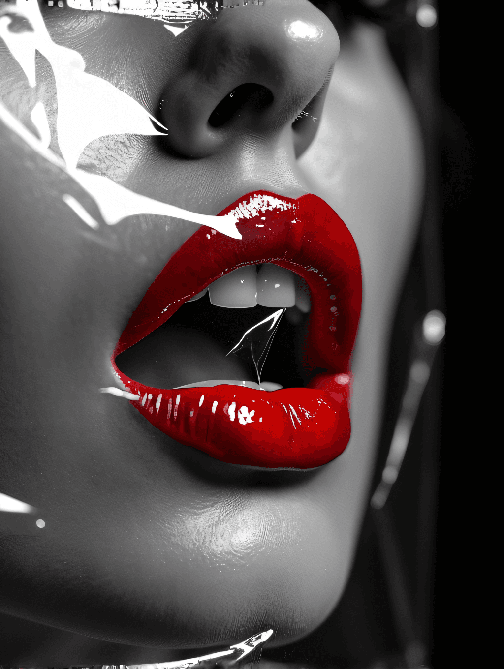 AI generated: hd, 8k, ultra realistic, side view close-up portrait of a woman with intense red lipstick.  Sharp co...