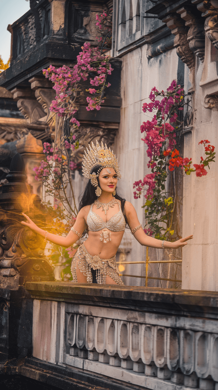 AI generated: A ravishing apsara, adorned in a resplendent crystal bra, stands majestically on the sun-kissed terr...