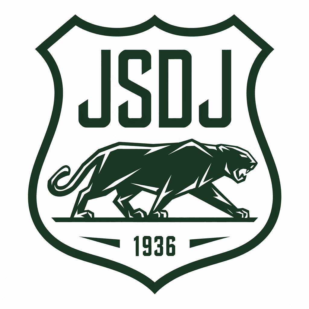 AI generated: A soccer logo with a shield shape. Colors  green and white, a panther in green , letters JSDJ in gre...