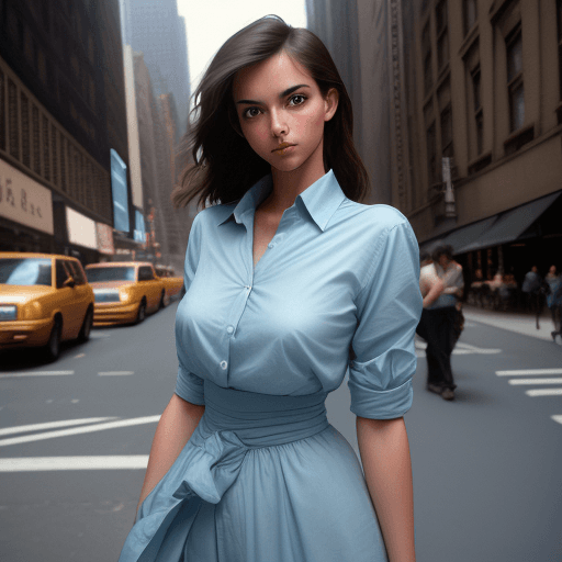AI generated: ((waist photo)) beautiful young model in the streets of New York, wearing light blue shirt . analogu...