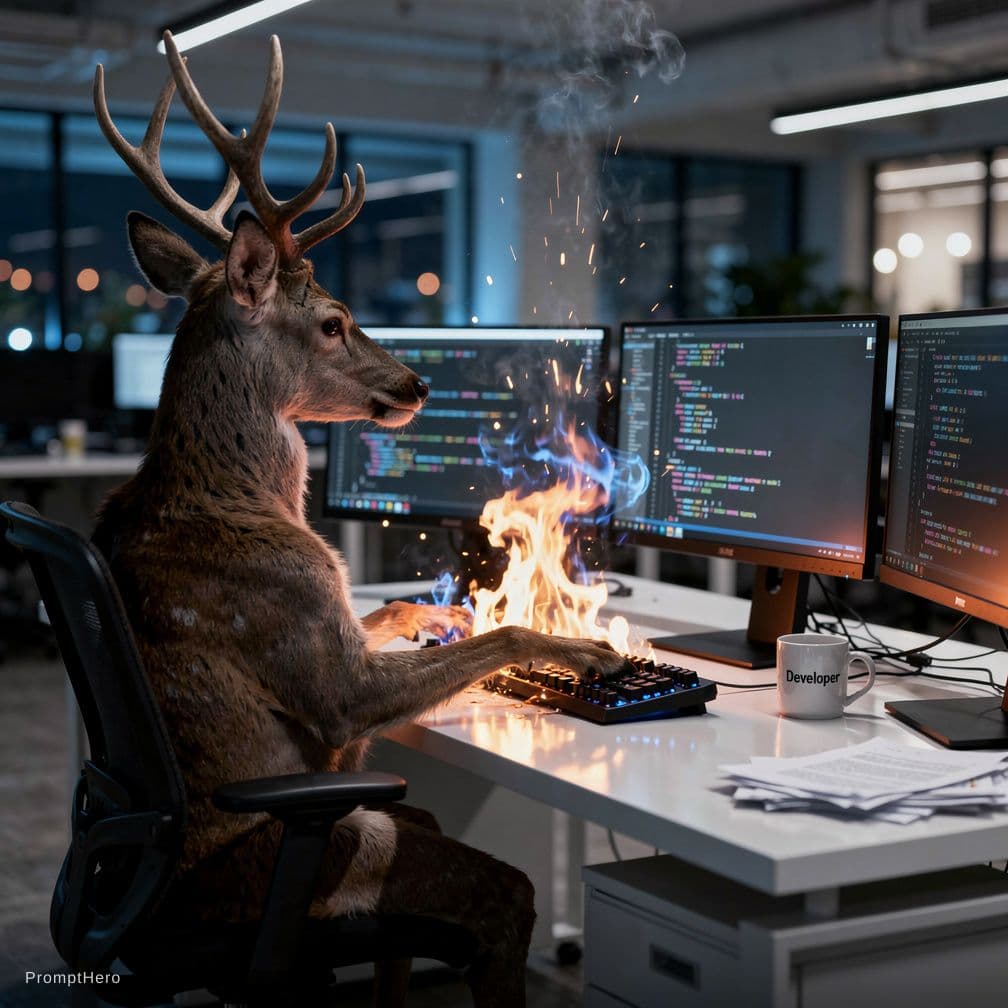 AI generated: deer in an office coding with keyboard on fire
