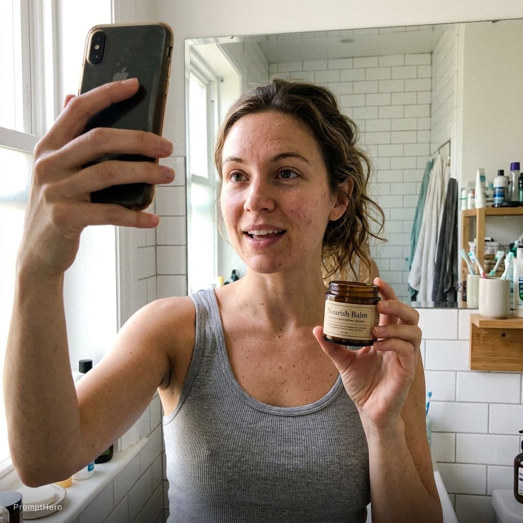 AI generated: “selfie video of a 28-year-old woman in her bathroom, natural lighting, slightly imperfect skin, spe...