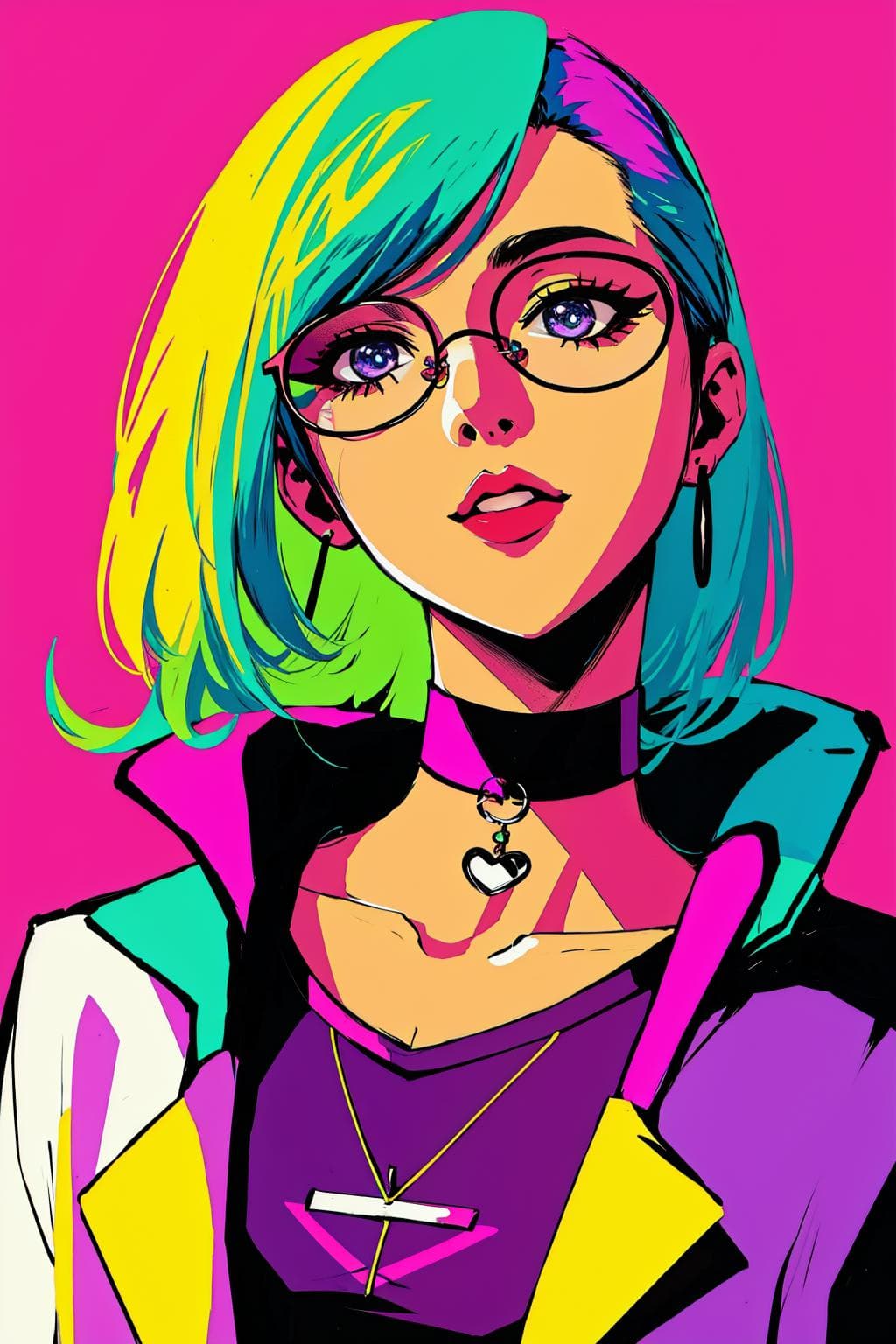 AI generated: glasses, choker, <lora:Aesthetic-Portrait-V2:1>, neon palette, <lora:neon_palette_offset:1>