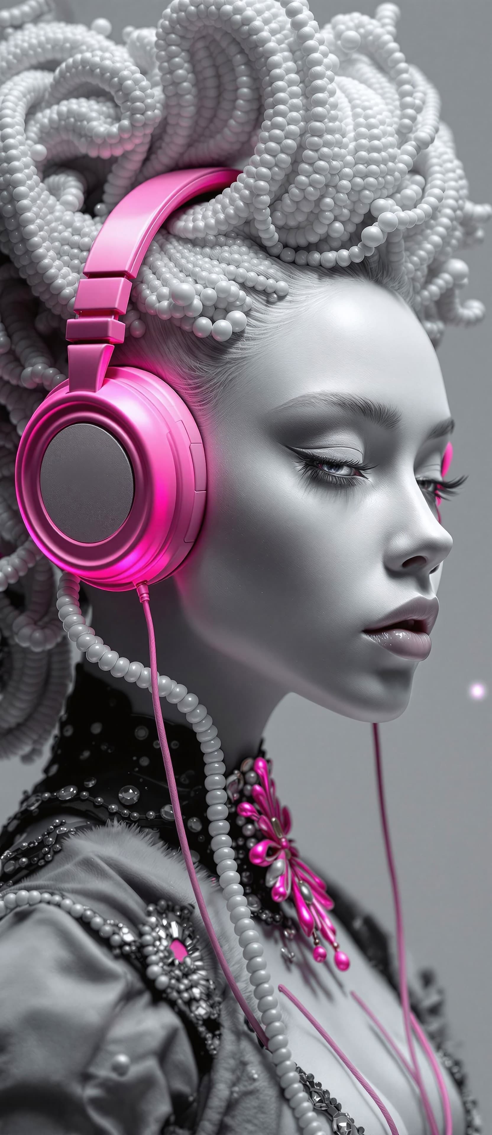 AI generated: This stunning 3D digital artwork features an ethereal, porcelain-skinned woman with a surreal and or...
