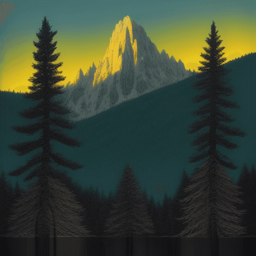 AI generated: A serene mountain scene, with tall pines in the foreground, in the style of a Arte Povera painting, ...