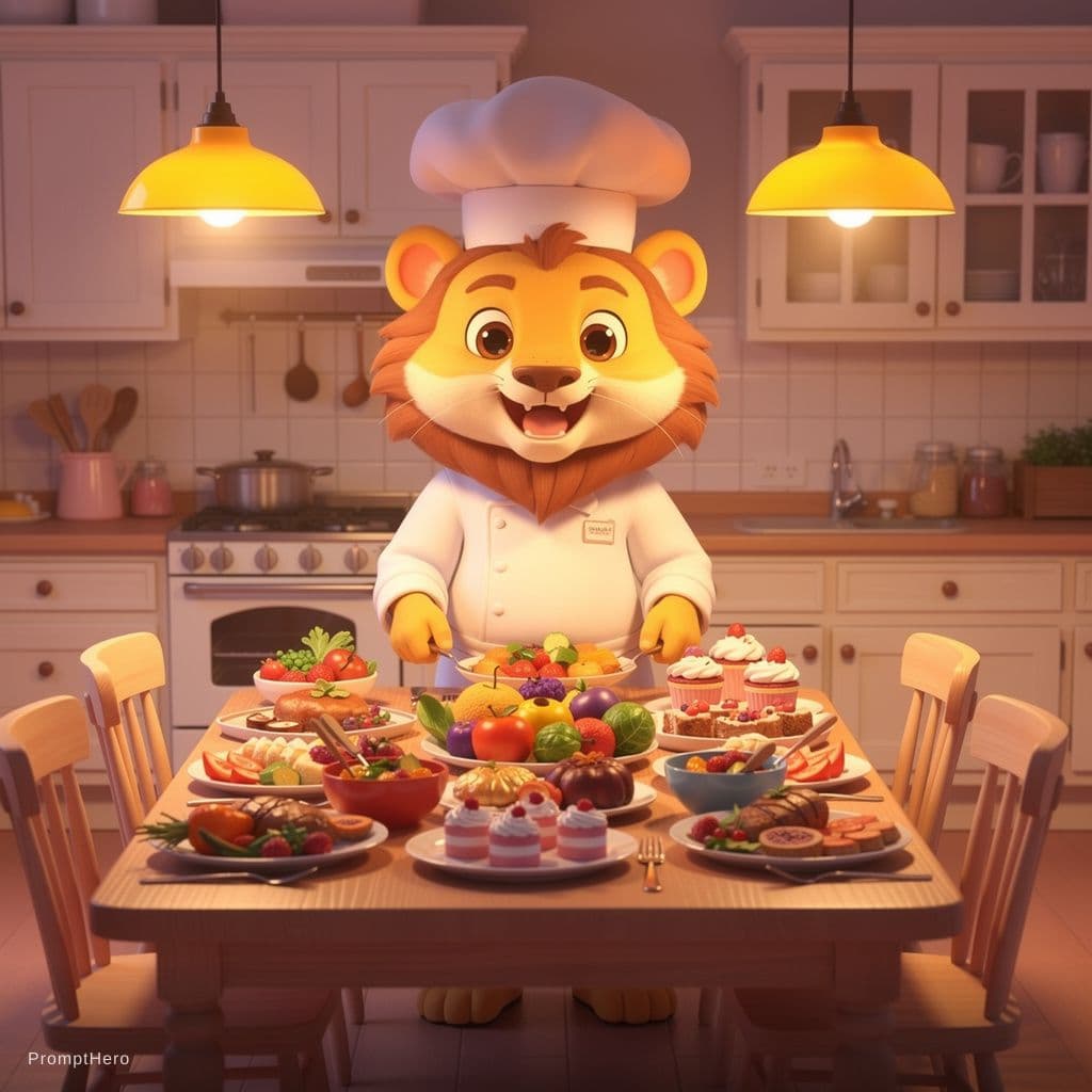 AI generated: “Happy lion chef serving delicious food on a dining table in a kitchen, colorful dishes, warm lighti...