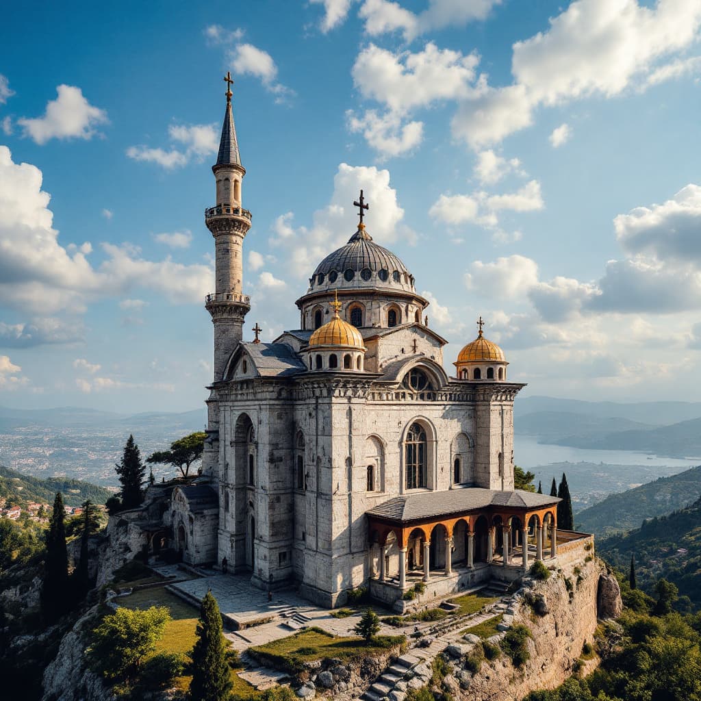 AI generated: create an arial view ofthe Church of Saint George (Bete Giyorgis), renowned for its distinctive cros...