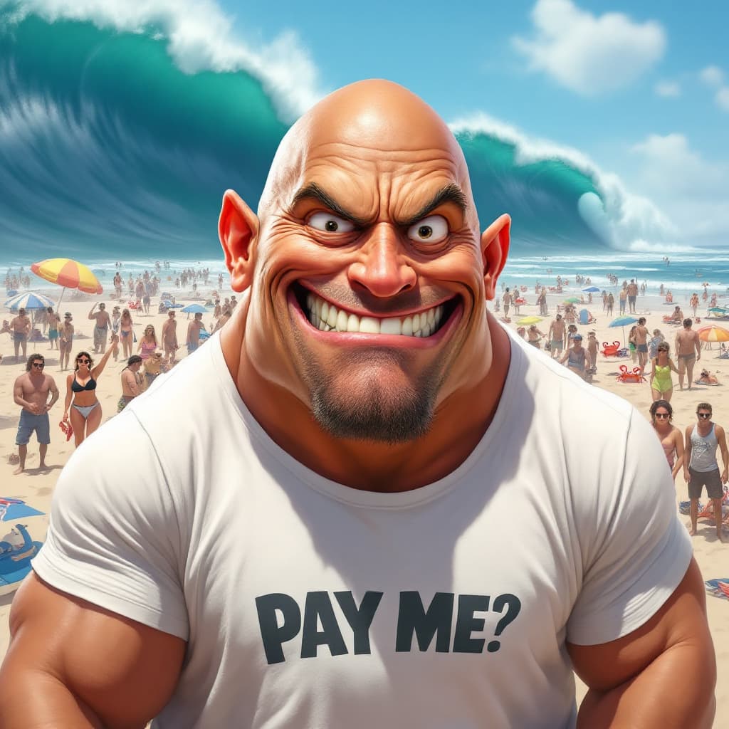 AI generated: A humorous, exaggerated caricature of Dwayne Johnson. His face has huge, intense eyes with one high-...