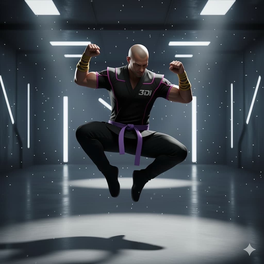 AI generated: I want the 3D ninja character I just uploaded to jump and spin forward 360°, then heroically land on...