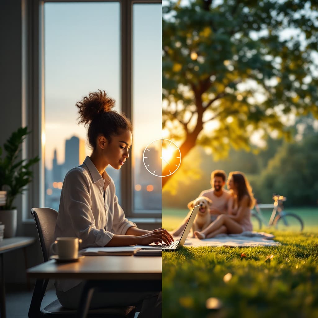 AI generated: "A photorealistic, high-resolution (8K) depiction of a modern professional achieving work-life balan...