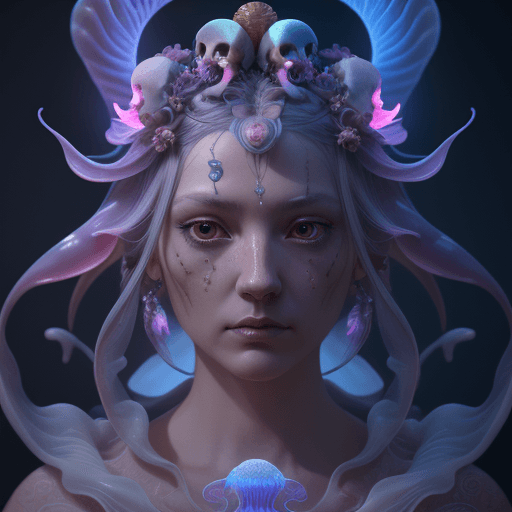AI generated: Goddess close-up portrait ribcagel. jellyfish phoenix head, nautilus, orchid, skull, betta fish, bio...