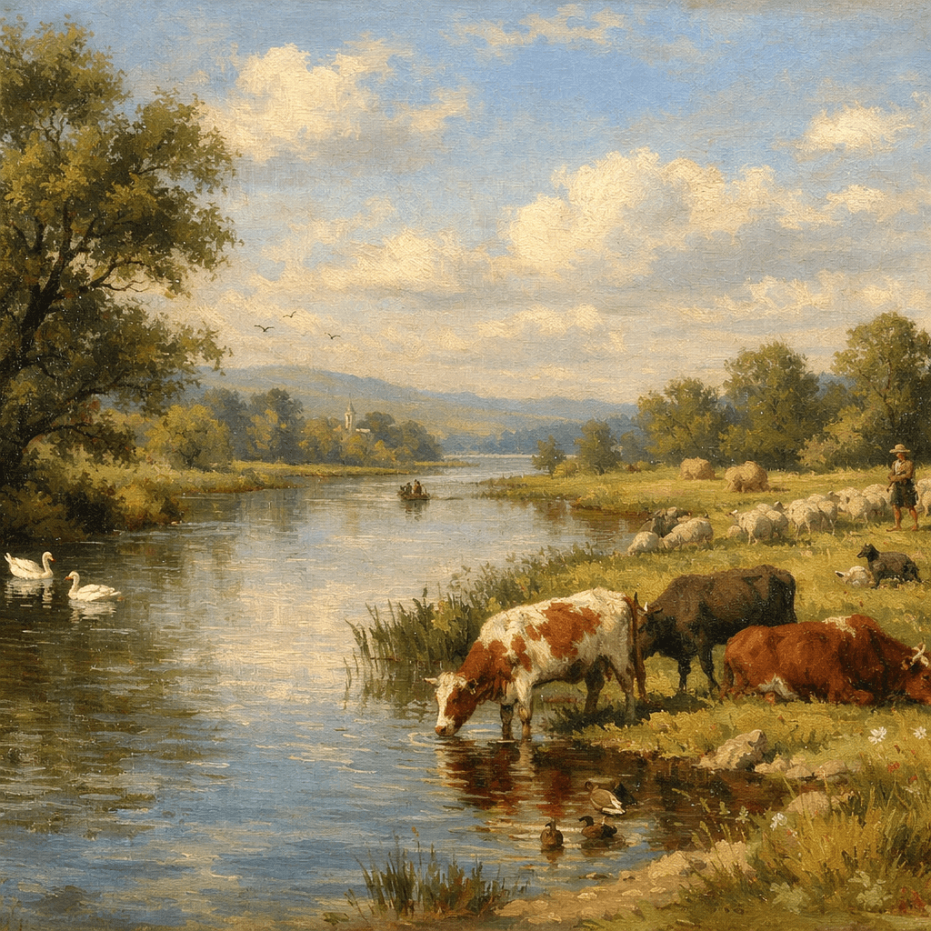 AI generated: Create a pastoral landscape artwork that looks like something a human would make. Focus on brushstro...