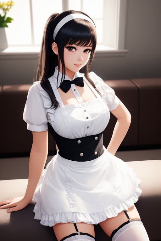AI generated: sexy french maid wearing moe uniform white (apron) hairband black stockings and high heels standing ...