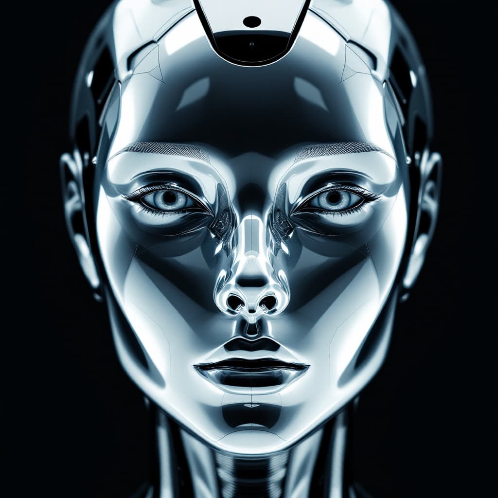 AI generated: perfectly balanced, symmetric, highly reflective, polished metal humanoid face, reflecting a cold, c...