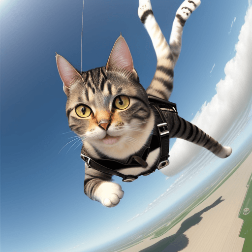 AI generated: A cat, jumping from a plane,to, his owner.