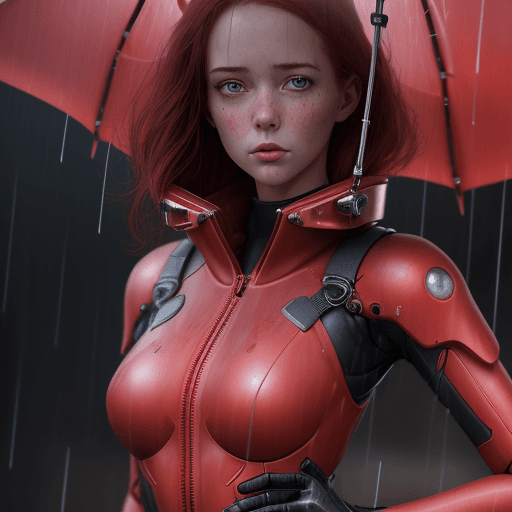 AI generated: young girl with a red robot suit standing in the rain, in the style of detailed hyperrealism, skotti...