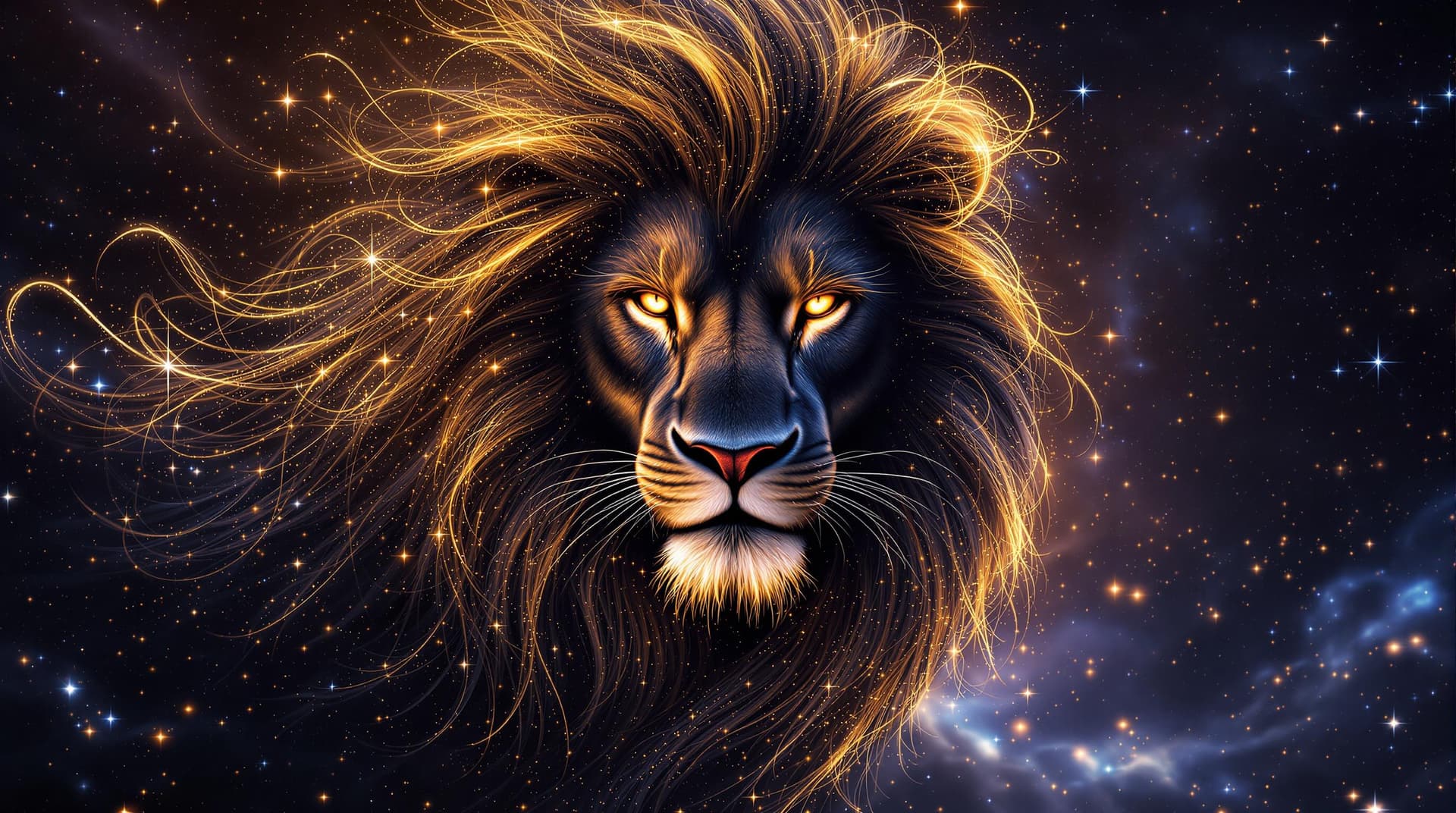 AI generated: Image is a digital artwork featuring a majestic black lion zodiak sign with a flowing mane filled wi...