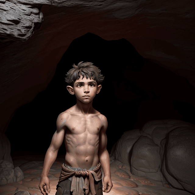AI generated:  a young prehistoric boy in a cave, frontal view, 8k