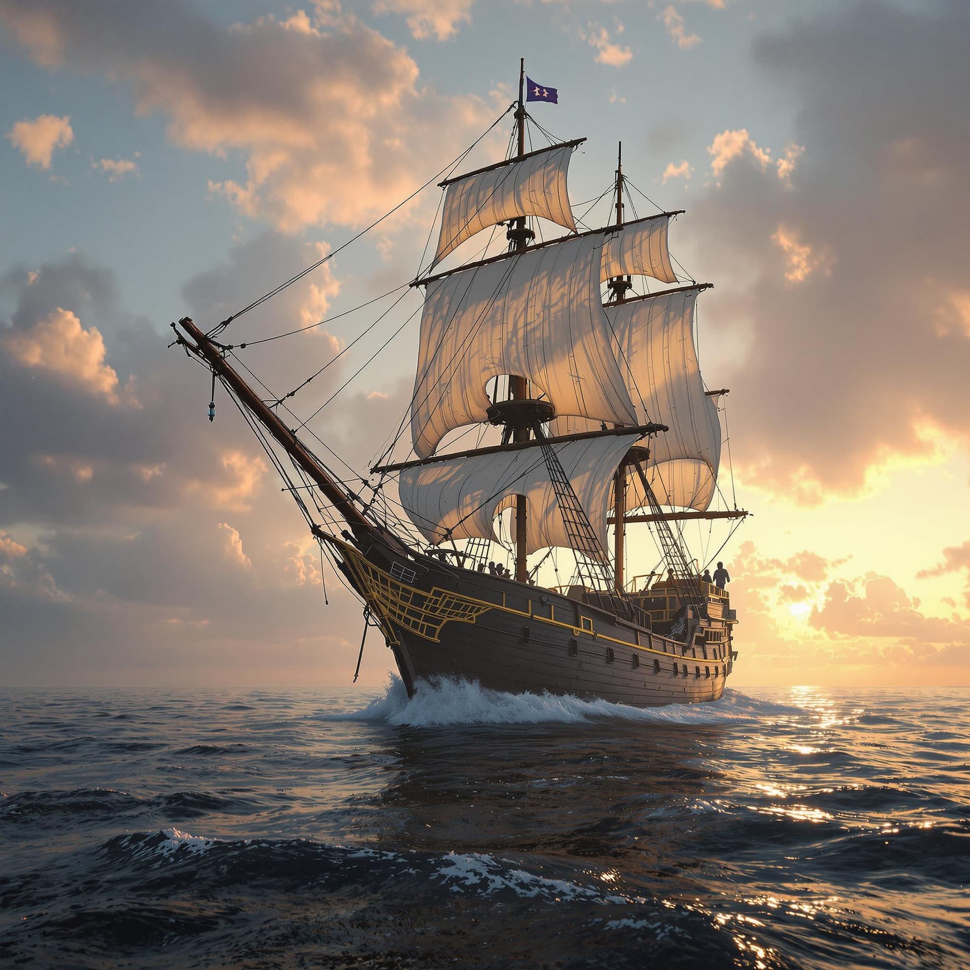 AI generated: Photo of a ultra realistic sailing ship, dramatic light, pale sunrise, cinematic lighting, battered,...