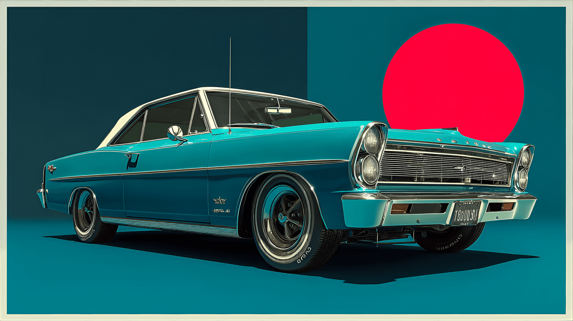 AI generated: Retro 1960s muscle car, stylized illustration,  deep teal blue and white coupe, low-slung, custom-lo...