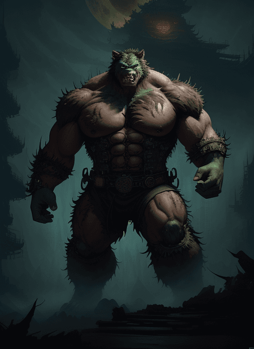 AI generated: Cai GuoRUN's illustration style, A Magnificent hulk with werewolf features a steampunk Covered with ...
