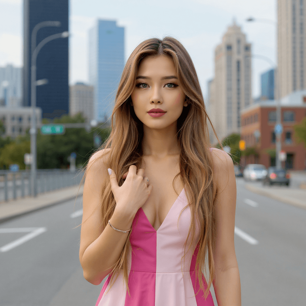 AI generated: generate a viral image of a woman  chicago city
 by using the image as an attachment and dress pink...