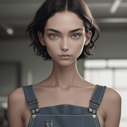 AI generated: Slim, slender, viewer gaze, practical overalls, graceful silhouette, short wavy hair, modern vibe, 1...
