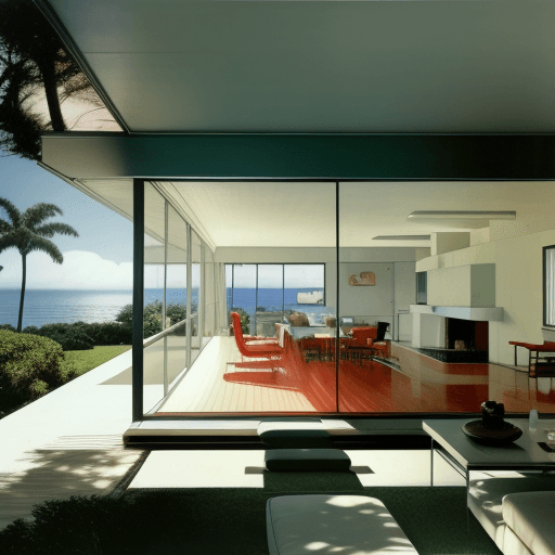AI generated: Hyper realistic eye level exterior photo of a mid century modern style house overlooking the ocean, ...
